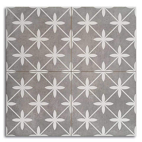 Gray tiles with white floral patterns arranged in a grid.