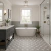 Modern bathroom with freestanding bathtub, vanity, and shower area.