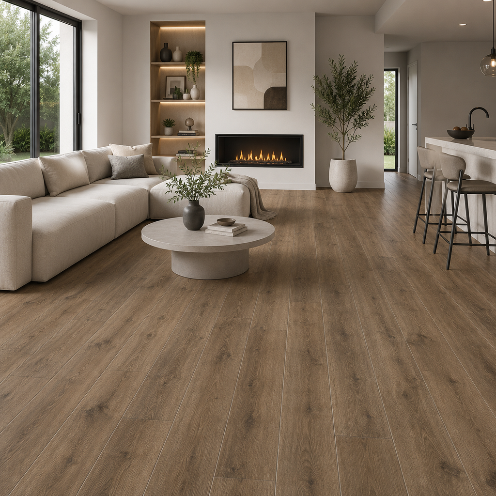 A modern living room with light brown wood-look plank flooring, featuring a cream sectional sofa, a round coffee table, a built-in fireplace, and a kitchen area in the background.