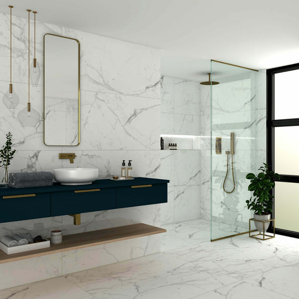 Allura XL 60x120cm White Matt Marble Effect Wall and Floor Tiles in Bathroom