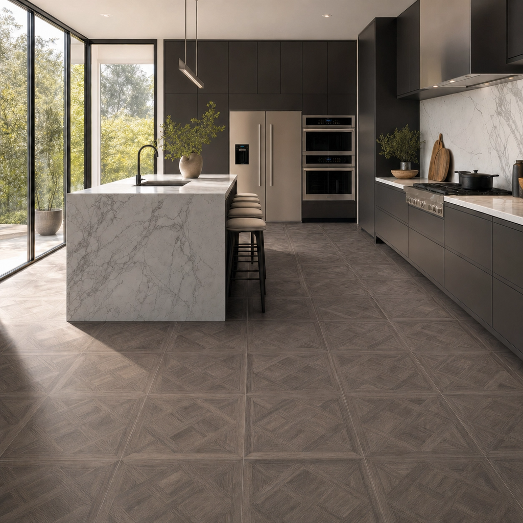 Modern kitchen with marble island and dark wood effect tiled floor