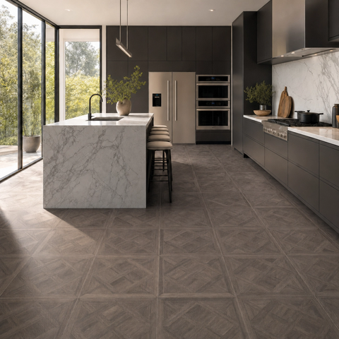 Modern kitchen with marble island and dark wood effect tiled floor