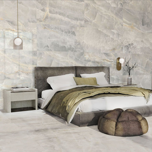 Alixir Cloud Grey 120x60cm Marble Effect Tiles in Bedroom